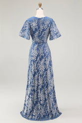 Blaues Samt Langes A-Linie Ballkleid